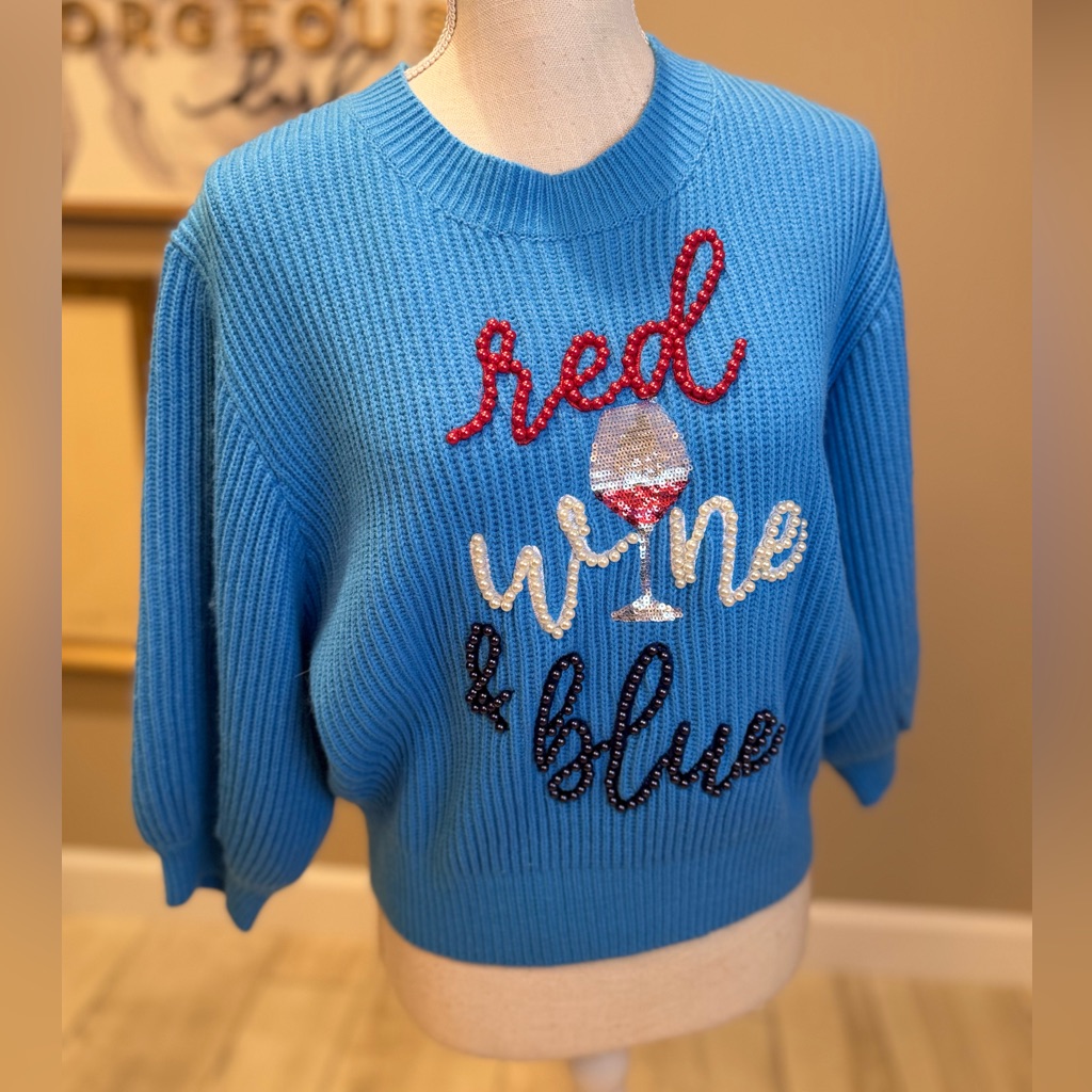 New! Queen Of Sparkles Red Wine & Blue Balloon Sleeve Ribbed Sweater